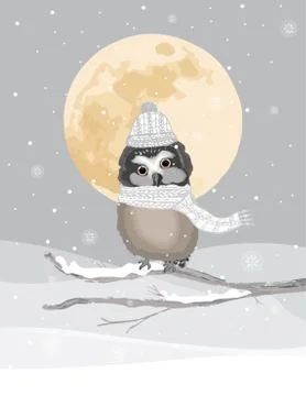 One cute owl with knitted hat and scarf on a frozen winter background Stock Illustration