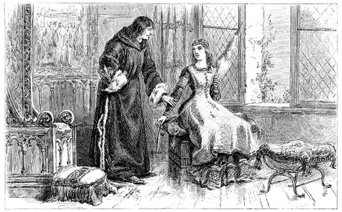 One day St. Louis, finding her sister spinning wool, vintage engraving. Stock-Illustration