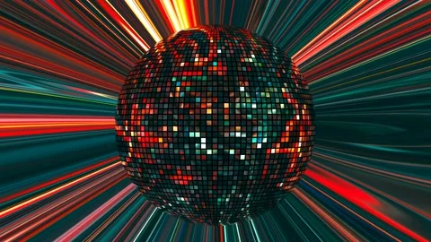 One disco ball on bright vivid background with rays 3D 4K looped animation Stock Footage 221761059