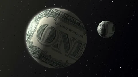 One dollar bill and 100 dollar bill spheres as planets in outer space. 库存影片 112095666