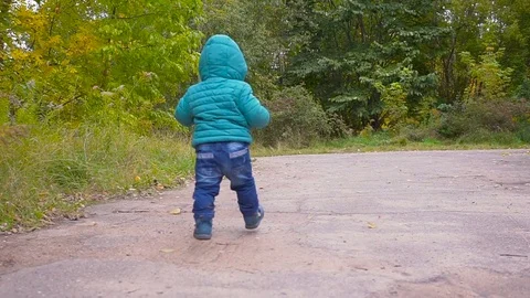 One ear old boy runs in the autumn park and smiles . gimbal Video stock 80979172