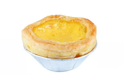One egg tart on foiled container isolated on white Stock Photos
