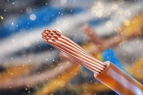 One electrical wire against blurred background, closeup. Bokeh effect Stock Photos