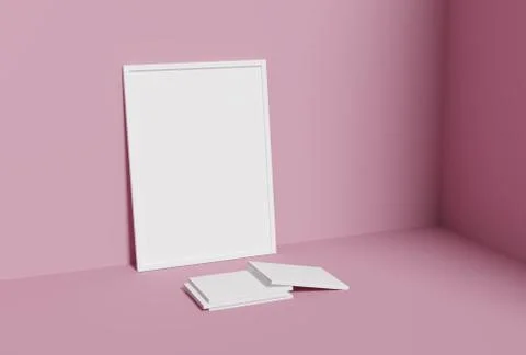 One empty photo frame and book for mockup in empty pink room, 3D render, 3D i Stock Illustration