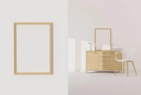 One empty photo frame for mockup in empty white room, 3D render, 3D illustrat Stock Illustration