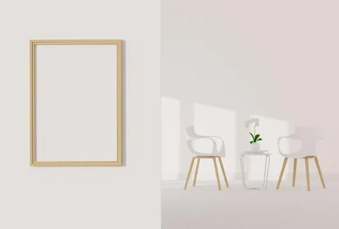 One empty photo frame for mockup in empty white room, 3D render, 3D illustrat Stock Illustration