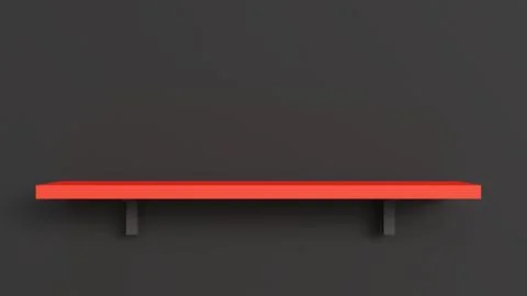 One empty red wall shelf on gray background for product placement, interior.. 스톡 일러스트