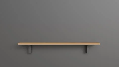 One empty wooden wall shelf on gray background for product placement, inter.. Stock Illustration