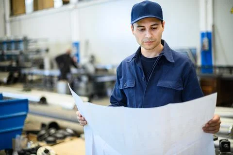 One engineers looking at a blueprint in a facility Stock Photos