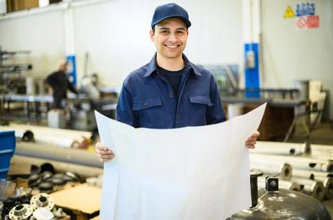 One engineers looking at a blueprint in a facility Stock Photos