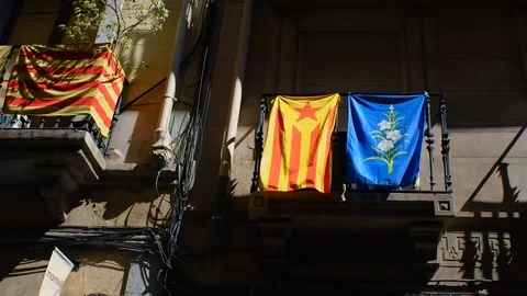One Estelada side by side with a local neighborhood flag, hanging from a balcony Stock Footage 100883881