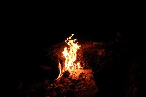 One of the eternal flames burning at Mount Chimaera at night, close to Antaly Stock Photos