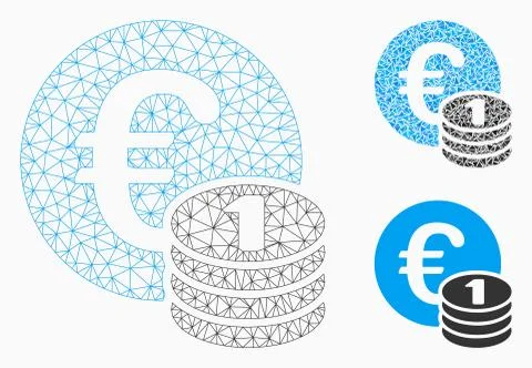 One Euro Coin Stack Vector Mesh Wire Frame Model and Triangle Mosaic Icon Stock Illustration