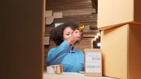 One female worker scan bar codes to check orders at parcels warehouse factory. Stock Footage 170471186