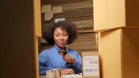One female worker scan bar codes to check orders at parcels warehouse factory. Stock Footage 170917370
