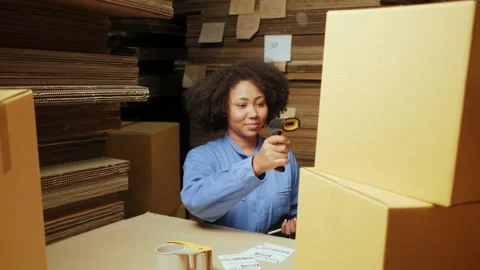 One female worker scan bar codes to check orders at parcels warehouse factory. 스톡 동영상 171307243