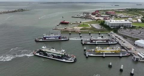 One Ferry Coming In One Ferry Going Out Drone Aerial View Galveston Texas USA Stock Footage 201118570