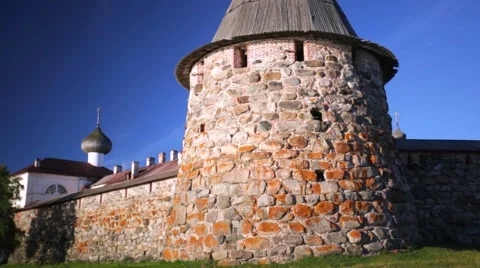 One of the few massive towers of Russian Orthodox Solovetsky Monastery. Stock Footage 64929663