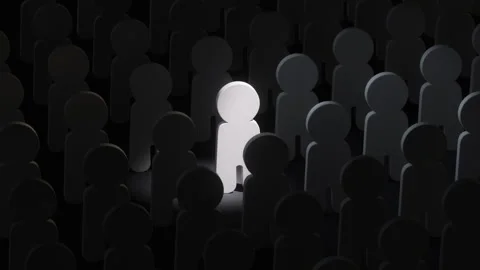 One figure in a crowd is getting illuminated by a spotlight 3D render animation Stock Footage 320874945