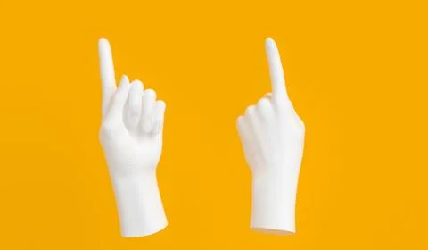 One finger Pointing up white hand gesture on yellow background. Female showin Stock Illustration