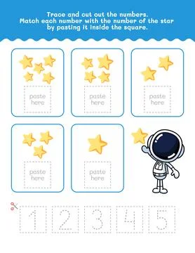 One To Five Number And Word Tracing Worksheet. Cut And Paste Worksheet With.. Stock Illustration