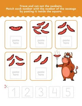 One To Five Number And Word Tracing Worksheet. Cut And Paste Worksheet With.. Stock Illustration