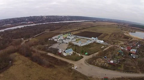 One flew over the monastery at the river and lakes Stock Footage 45980383