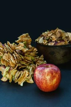 One fresh Apple is on the background of dried apples in the bunch and in a metal Stock Photos