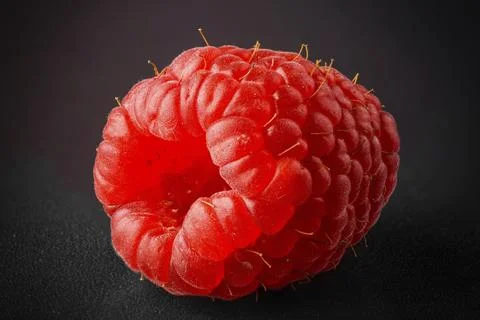 One fresh raspberry closeup on a black background isolated. Tip of raspberry Stock Photos