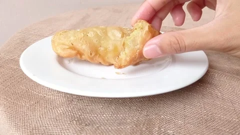 One fried dumpling on a white plate Stock Footage 146250142
