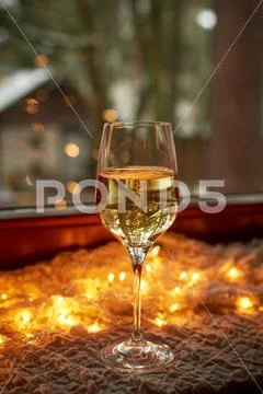 One Glass Of Champagne, Sparkling Wine. Against The Background Of The Side And