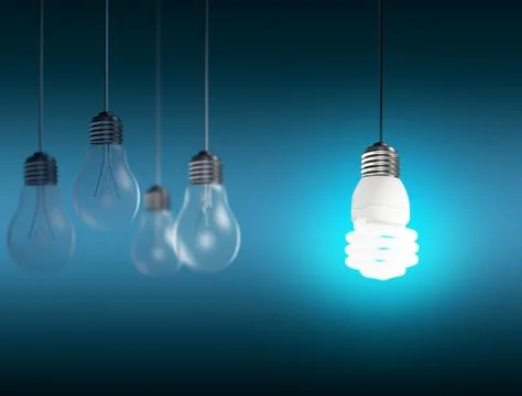 One glowing light bulb different among others, unique Stock Photos