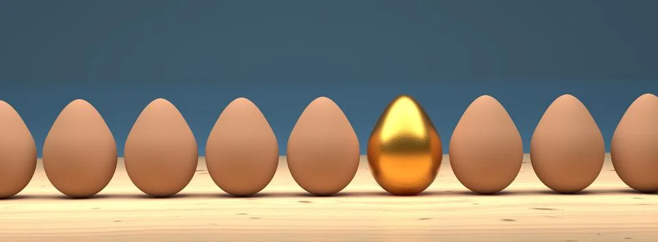 One golden Easter egg with brown natural eggs in a row Illustrazione stock
