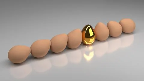 One golden Easter egg with many brown natural eggs Illustrazione stock