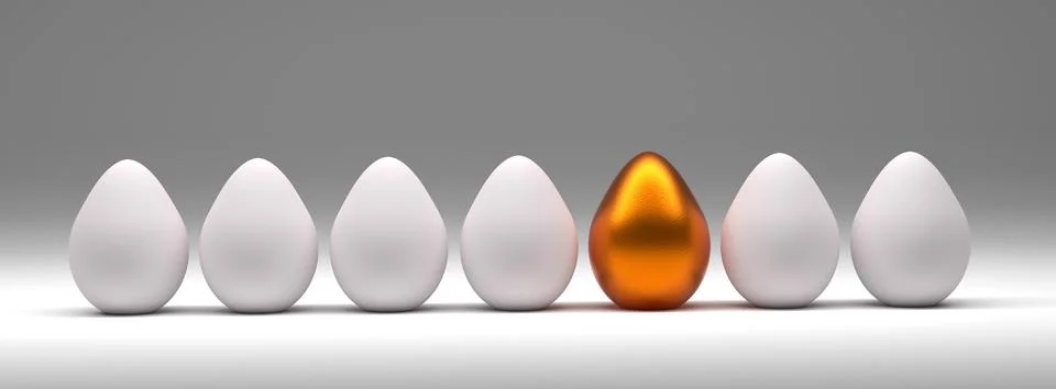 One golden Easter egg with many natural white eggs on a studio background 3d Stock Illustration