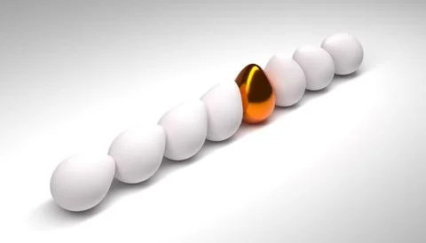 One golden Easter egg with many natural white eggs on a studio background 3d 스톡 일러스트