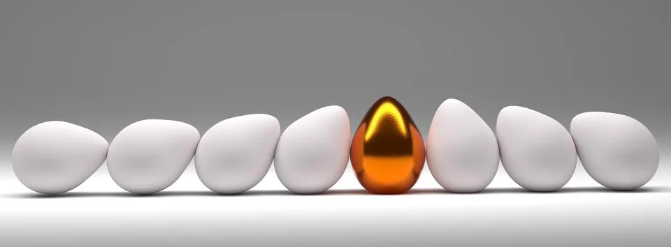 One golden Easter egg with many natural white eggs on a studio background 3d Illustrazione stock