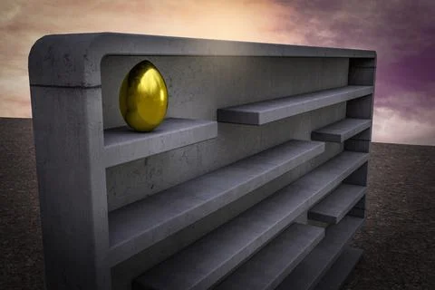 One golden egg inside a maze at sunset magenta sky demonstrating RETIREMENT c Stock Illustration