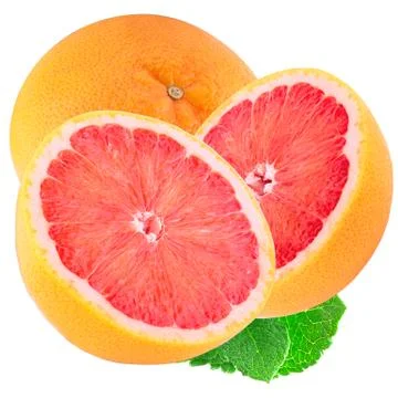 One grapefruit and two half with mint isolated on white Stock Photos