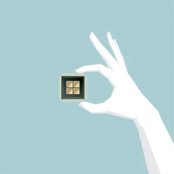 One hand holding cpu, computer chip, hand is white. Stock Illustration