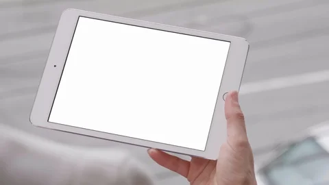 One Hand Holding Digital Tablet Device, White Screen Technology Business Device Stock Footage 97964603
