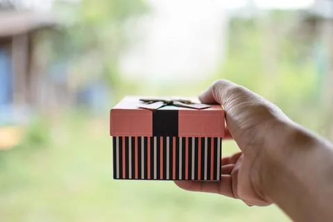 The one hand holding a present box with background blurred and copy space o.. Stock Photos
