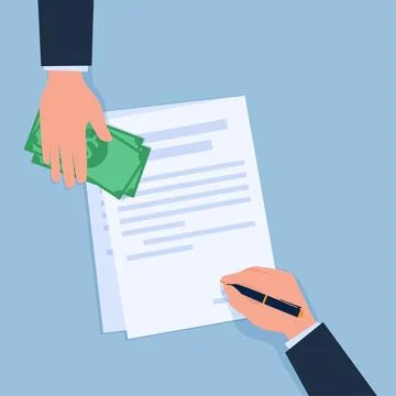 One hand signs an agreement while the other hand holds money, a metaphor fo.. Stock Illustration