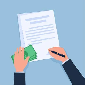 One hand signs an agreement while the other hand holds money, a metaphor fo.. Stock Illustration