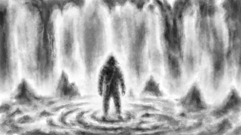 One hooded man stands inside cave. Ritual room an ancient temple. Spooky dark Stock Illustration