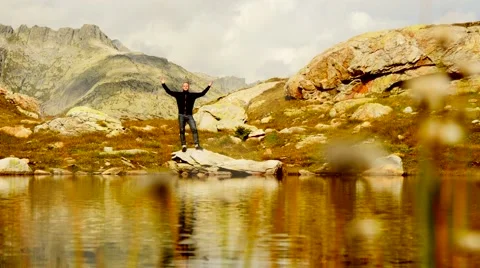 One human alone in mountain landscape scenery Stock Footage 42948605