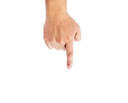 One human hand pointing down isolated on white background Stock Photos
