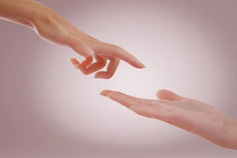 One human hand reaching and touching other with index finger. Concept of support 스톡 일러스트