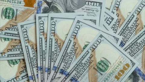 One hundred 100 dollars banknotes bills appearing, fanning out, disappearing on Stock Footage 232369736