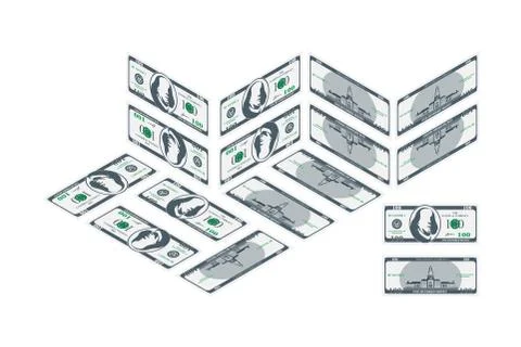One hundred dollar banknote in isometric front and back. Money in different a 스톡 일러스트